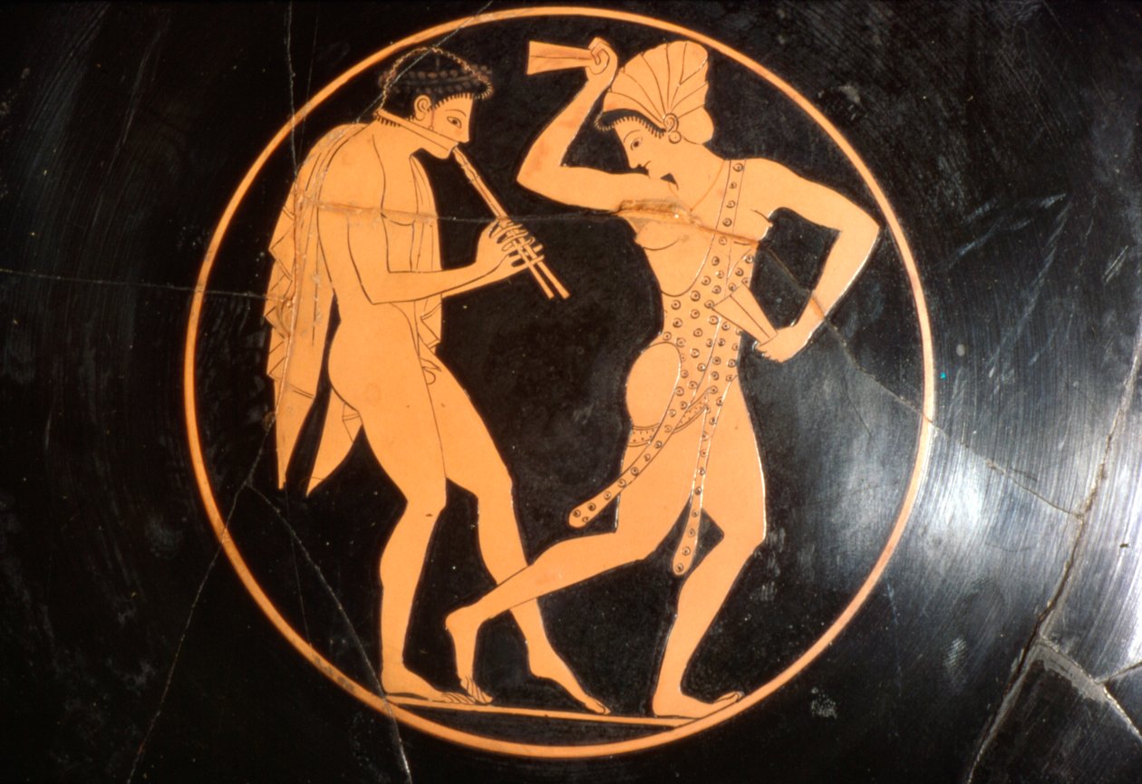 Drinking Cup, Kylix of Girl Tančící s mládím hrající na flétnu, Attic, c510 př.n.l. od Epikektos