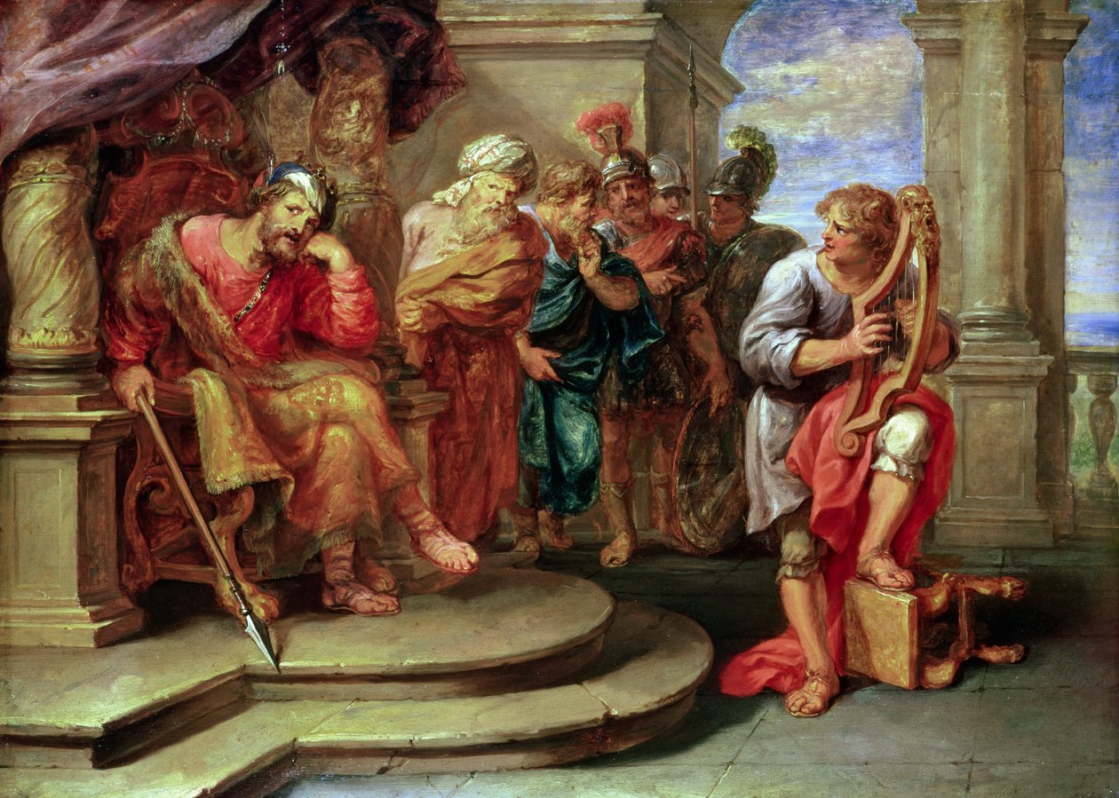 Saul poslouchá Davida hrajícího na harfu od Erasmus Quellinus II