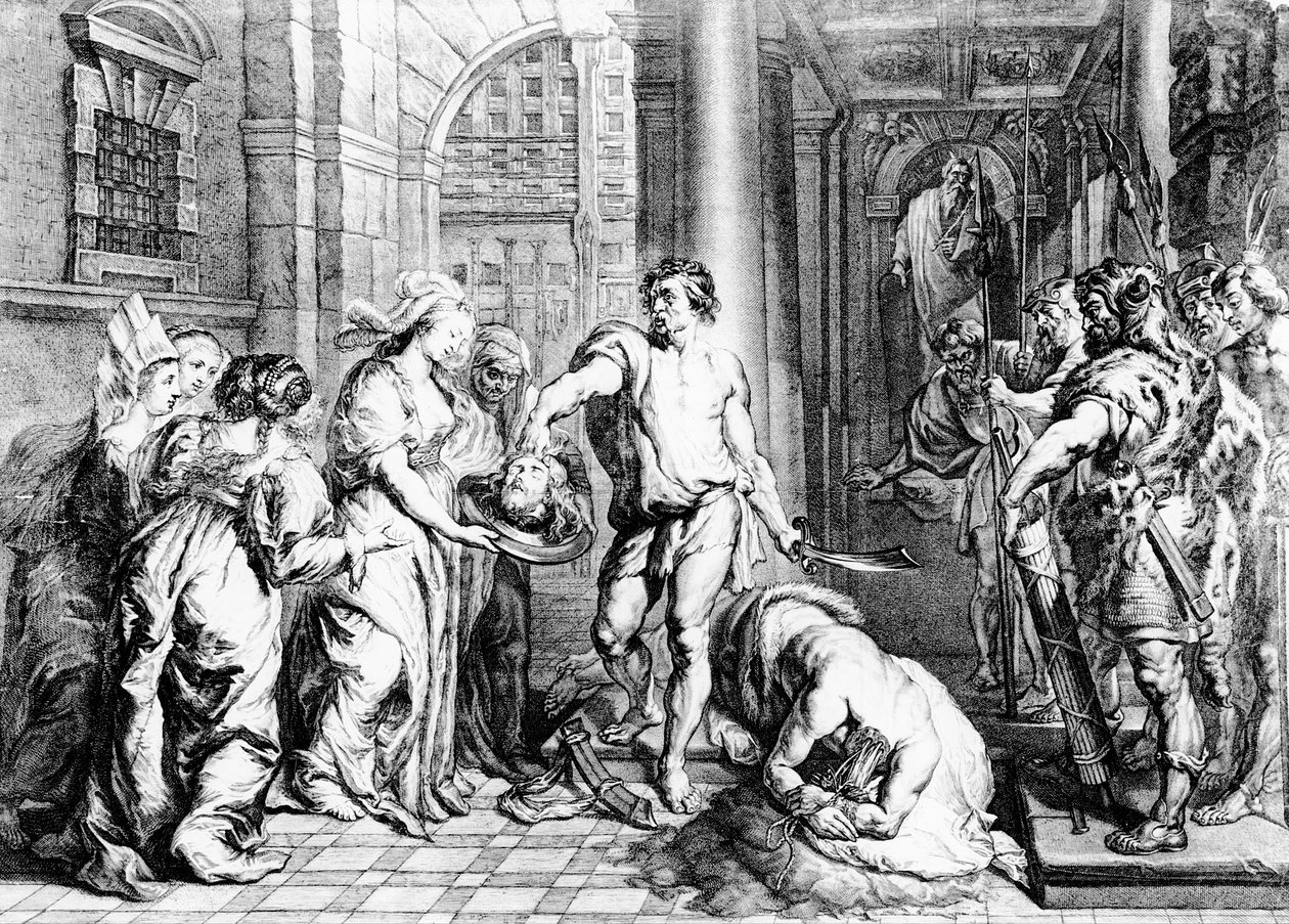 Poprava sv. Jana Křtitele, rytina Martina I van den Endena (fl. 1630-54) od Erasmus Quellinus II