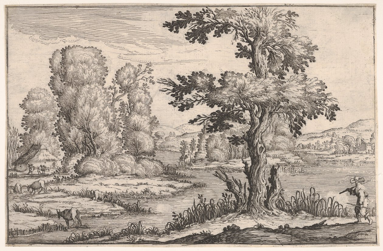 Krajina s kozami pasoucími se u řeky a postavou v pravém popředí, ze ser..., 1638. od Ercole Bazicaluva