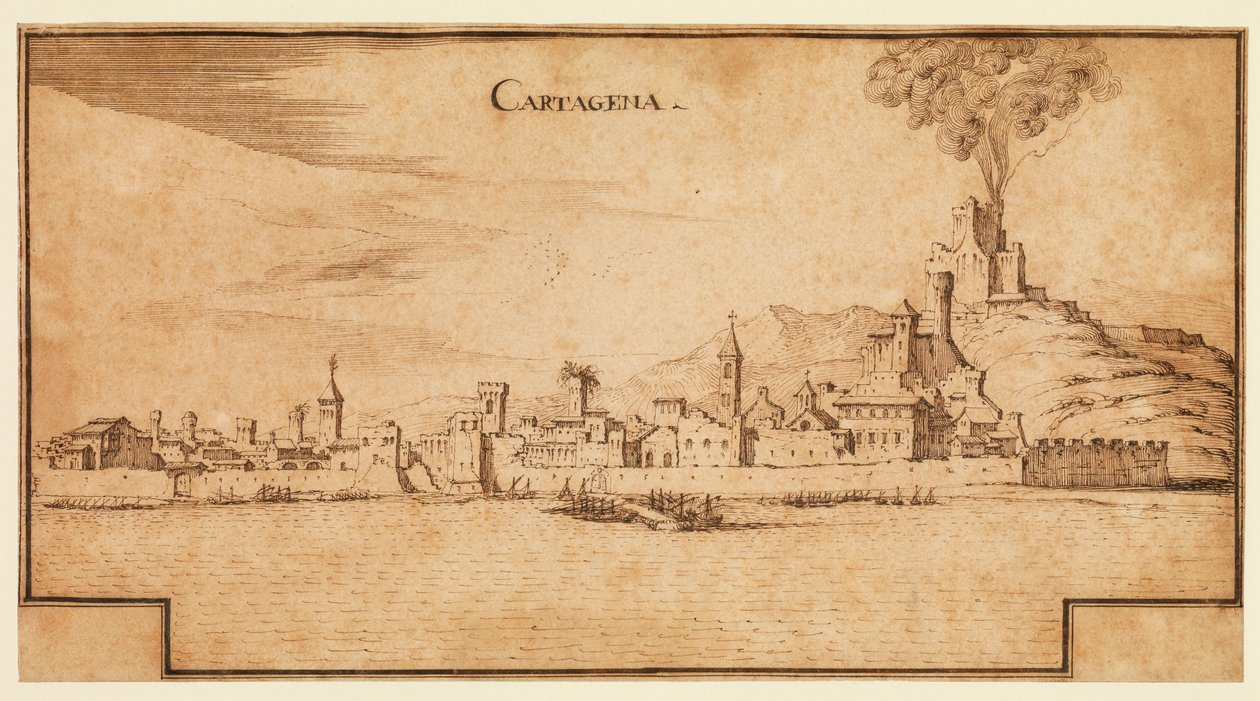 Pohled na Cartagenu, Španělsko, cca 1642 (pero a hnědý inkoust na položeném papíře, s hnědým inkoustovým rámováním na spodní straně) od Ercole Frigoni Bazzicaluva