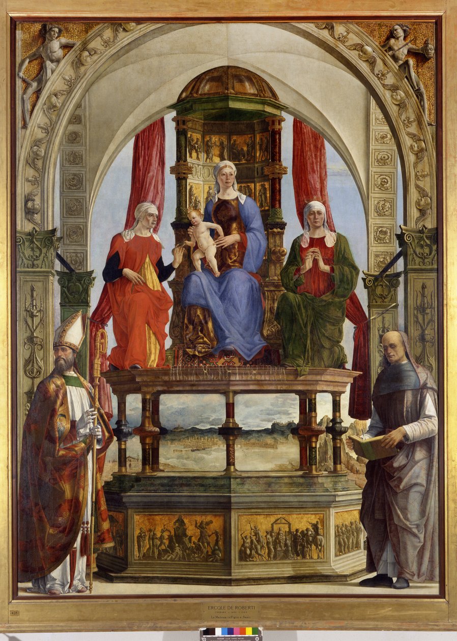 Panna trůnící s dítětem, svaté Anny, Alžběty, Augustina a blahoslaveného Pietra degli Onesti, 1479-91 od Ercole de Roberti