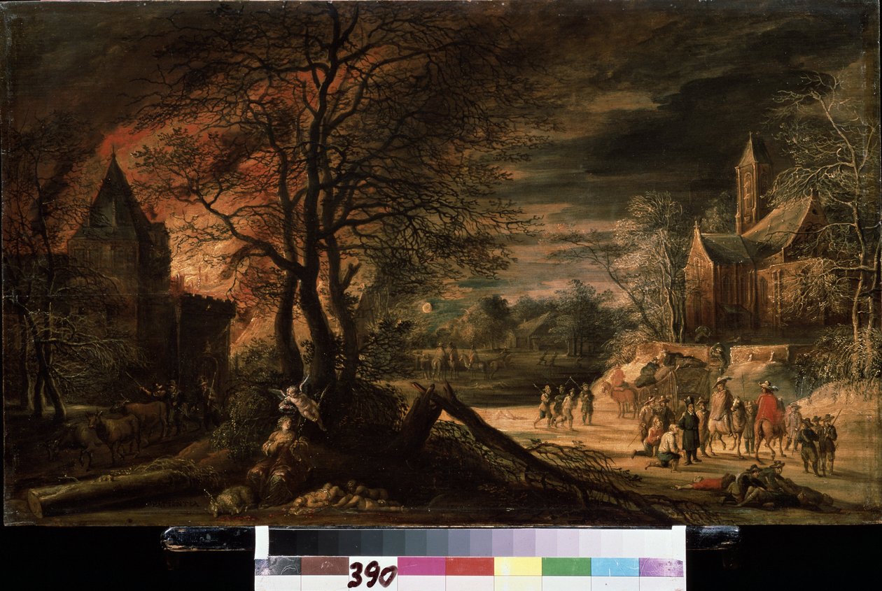 ""Alegorie trpělivosti"" (Alegorie trpělivosti) Země ve válce, mrtvoly povalené na zemi, vlevo oheň, apokalyptická krajina. Obraz Ergo Enghelberta (1620-cca 1667) Puškinovo muzeum ze 17. století, Moskva od Ergo Enghelbert