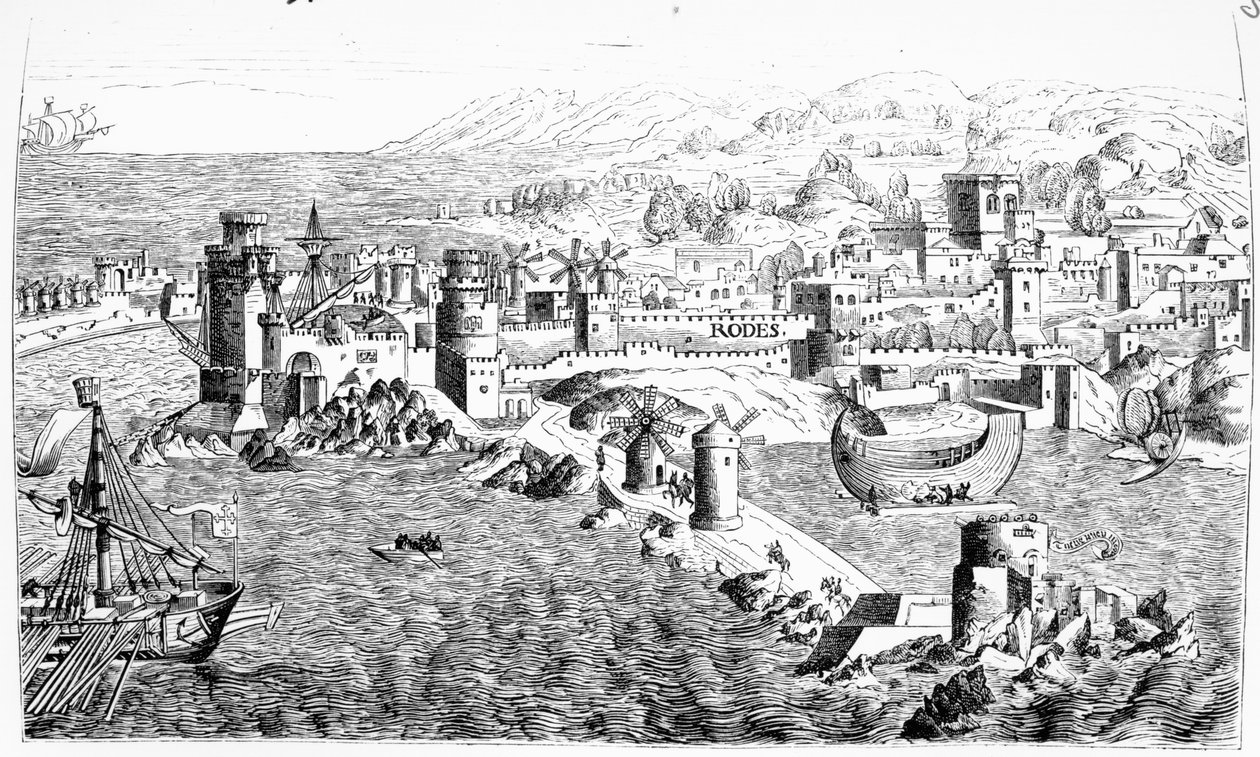 Mapa ostrova Rhodos, reprodukovaná v „Le Chevalerie et les Croisades“ od Paula Lacroixe, 1886 od Erhard Reuwich