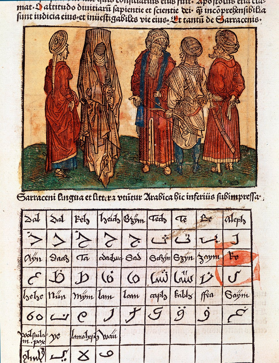 Deska popisující arabskou abecedu a kostýmy Saracénů. Stránka převzata z cestopisu „“ peregrinatio in terram sanctam“““ od Bernarda de Breydenbach (Breidenbach) (1454-1497) ilustrovaná rytinami Erharda Reuwiche od Erhard Reuwich