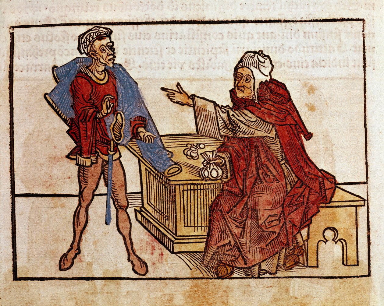 Transakce mezi Židem a lichvařem Stránka převzata z cestopisu „“peregrinatio in terram sanctam““ po pouti ve Svaté zemi Bernarda de Breydenbach (Breidenbach) (1454-1497) ilustrovaná rytinami Erharda Reuwiche od Erhard Reuwich