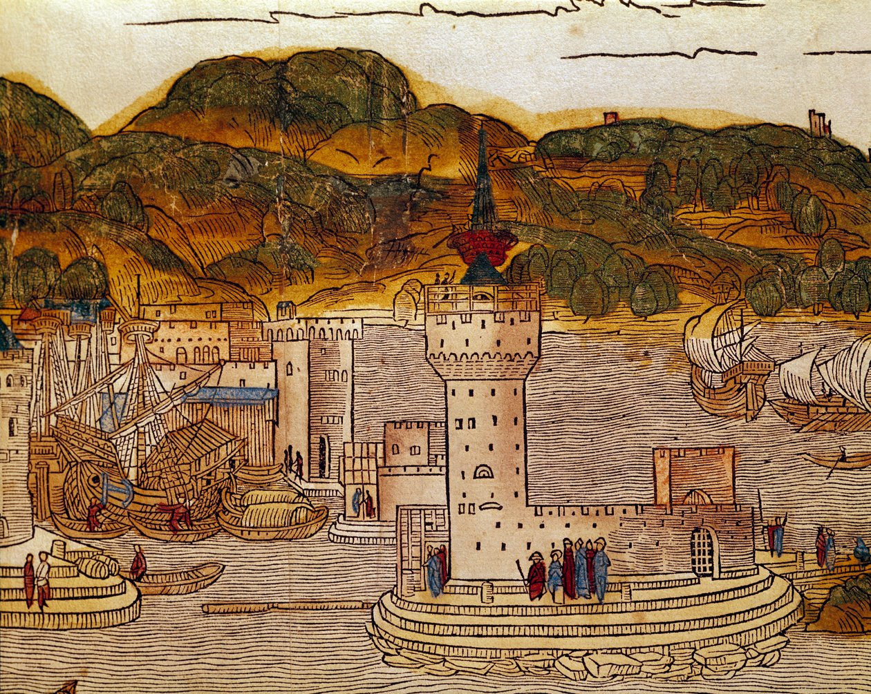 Pohled na přístav Candie (dnešní Heraklion) na Krétě Stránka z knihy cest „“peregrinatio in terram sanctam“““ po pouti ve Svaté zemi Bernarda de Breydenbach (Breidenbach) (1454-1497) ilustrovaná rytiny Erhard Re od Erhard Reuwich
