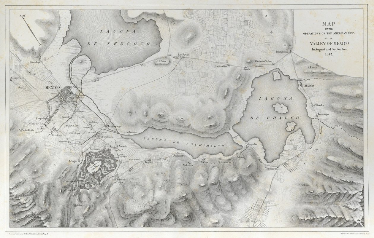 Mapa operací americké armády v údolí Mexika v srpnu a září 1847 během mexicko-americké války. od Erhard Schieble