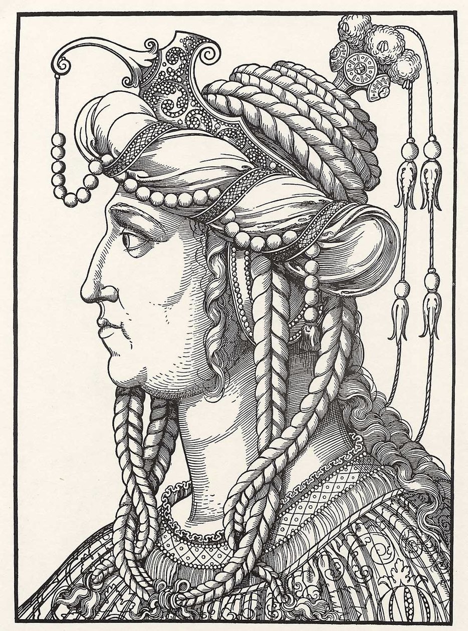 ""Portrét sultány Roxelane (Russelazie (Rusína) nebo Hurrem (rozená Anastasia Lisovska, cca 1500-1558) manželky sultána Suleimana Velkolepého"" Dřevoryt Erharda Schoena (1491-1592) kolem roku 1532 Muzeum Gotha2 Herzogliches od Erhard Schon