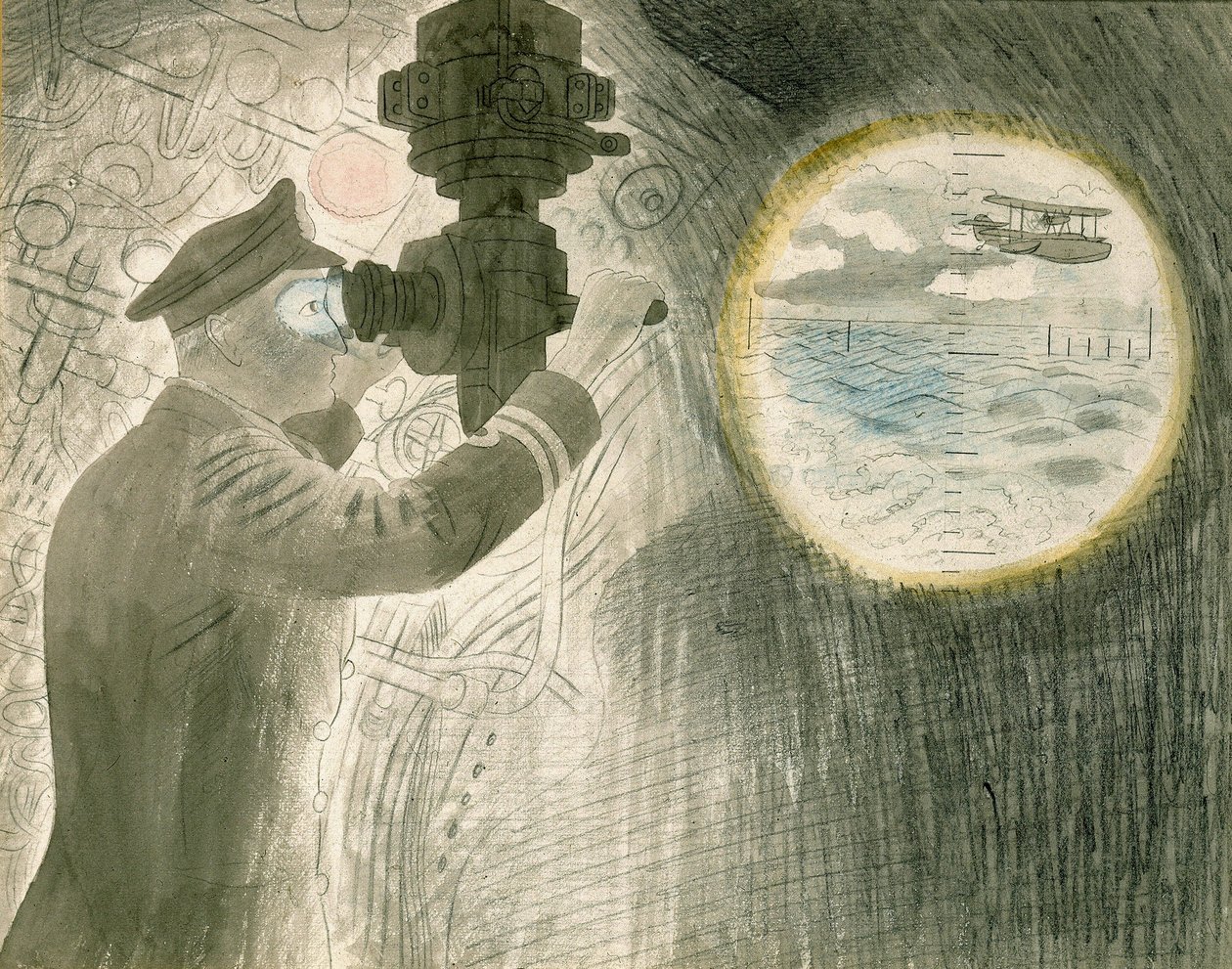 Důstojník ponorky (ponorky) se dívá do periskopu. Akvarel a tužka na papíře od Eric Ravilious
