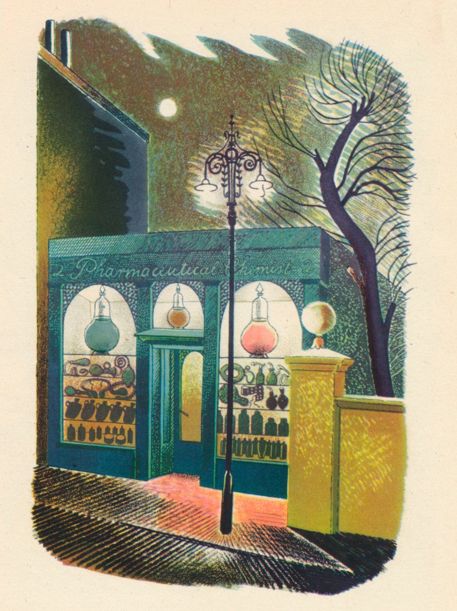 Chemikshop v noci, 1938, 1946 od Eric Ravilious