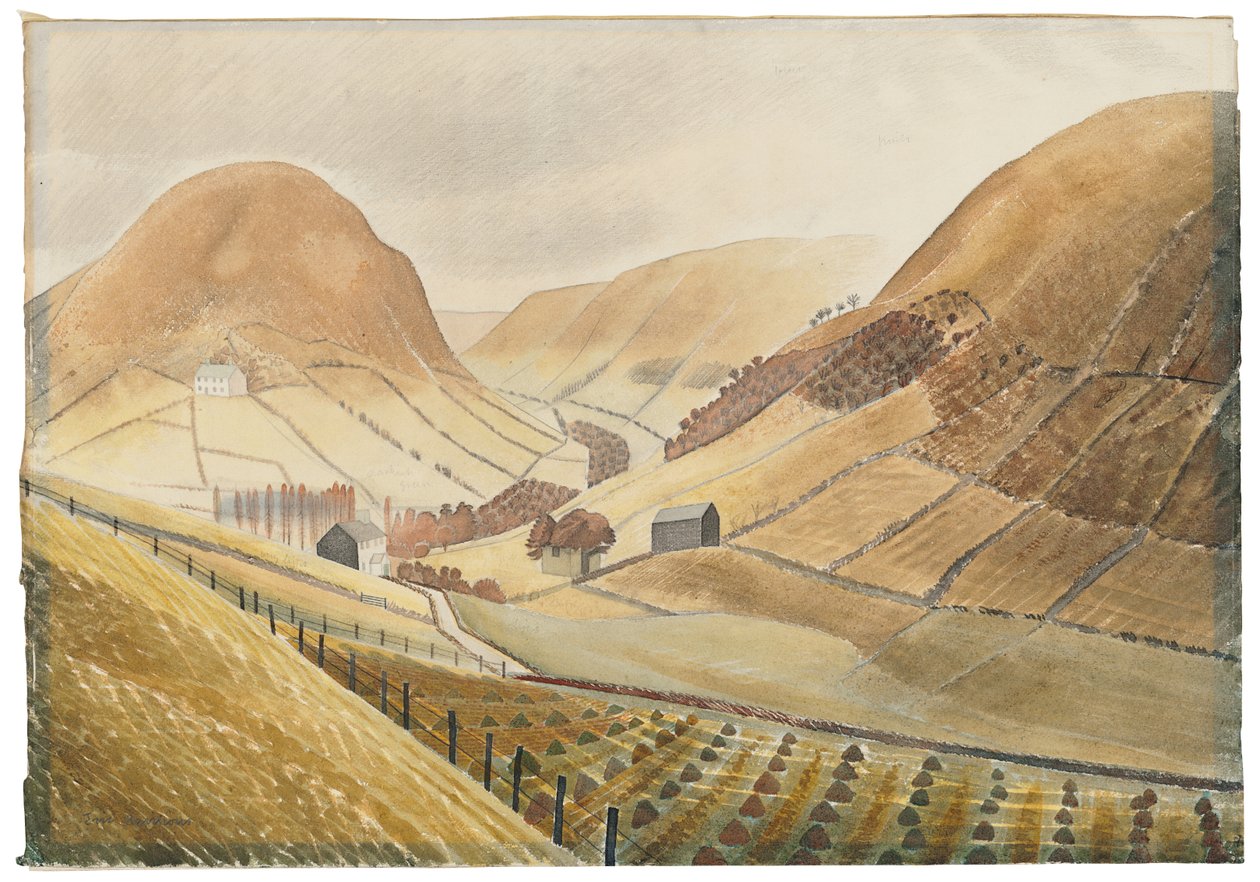 Corn Stooks and Farmsteads - Hill Farm, Capel-y ffin, Wales, 1938 od Eric Ravilious