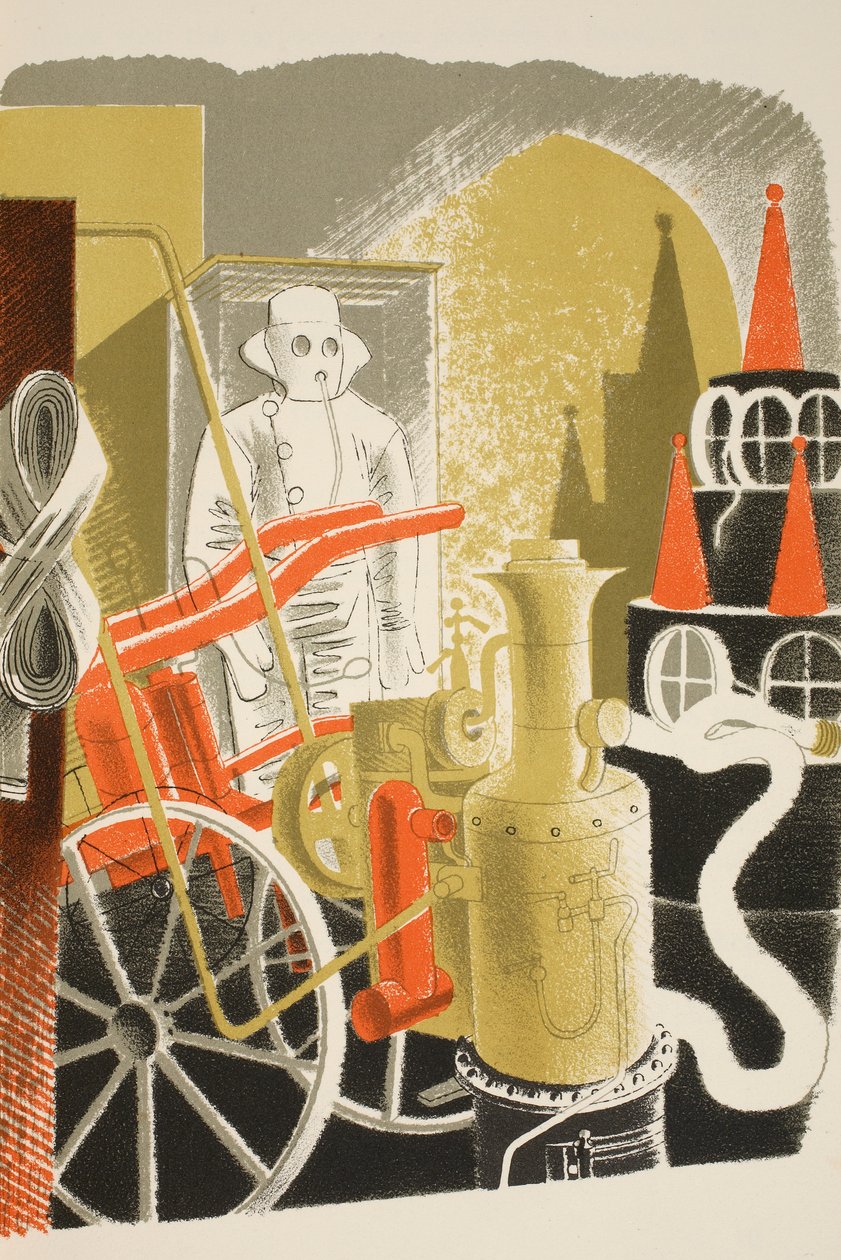 Hasičský strojník, ilustrace z knihy "High Street" od J. M. Richardse, vytiskla tiskárna Curwen Press, vydalo nakladatelství Country Life, 1938. od Eric Ravilious