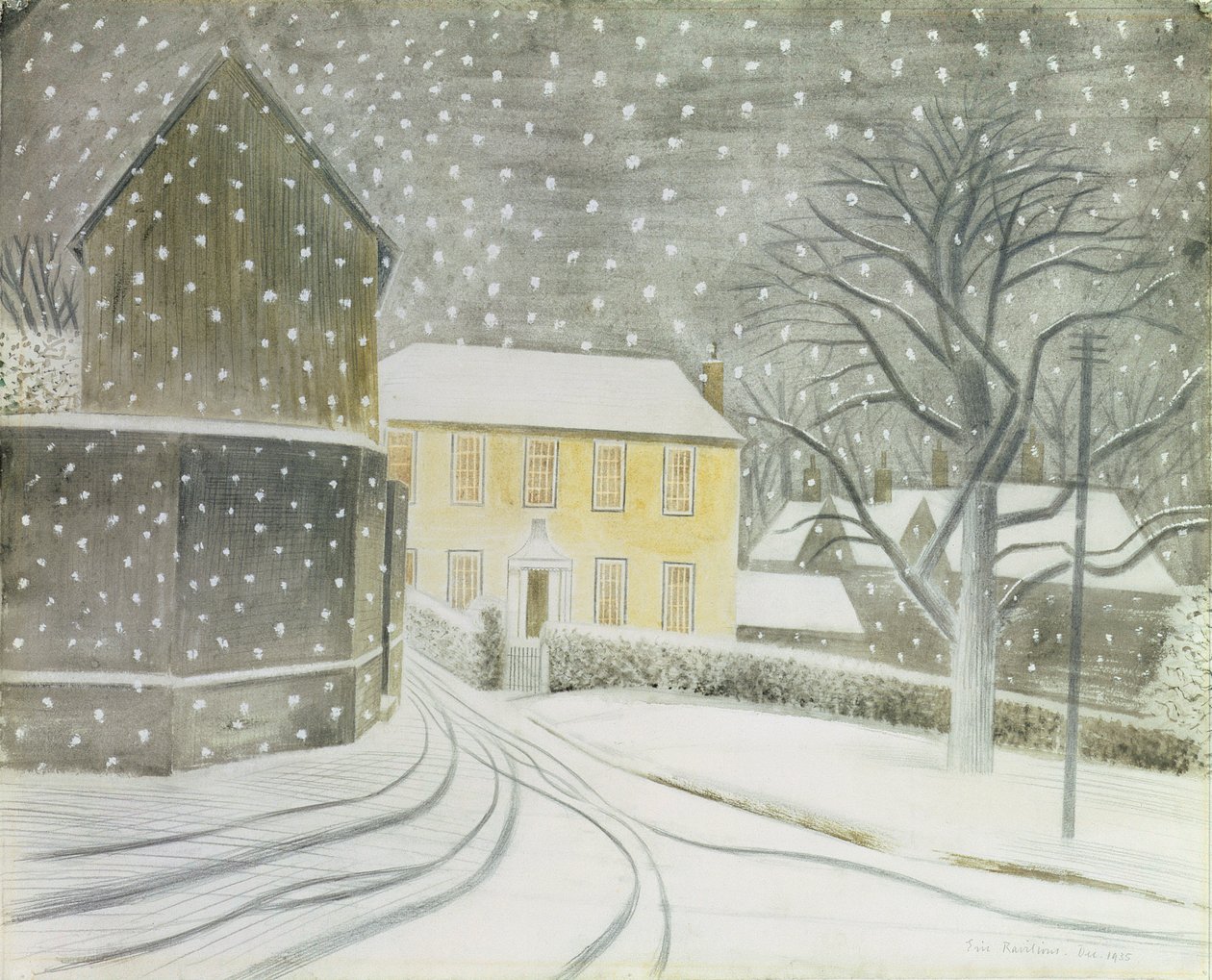 Halstead Road ve sněhu od Eric Ravilious