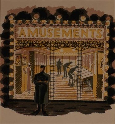 The Amusement Arcade, vytištěno nakladatelstvím Curwen Press, z „High Street“, od J. M. Richardse, vydané nakladatelstvím „Country Life“ od Eric Ravilious