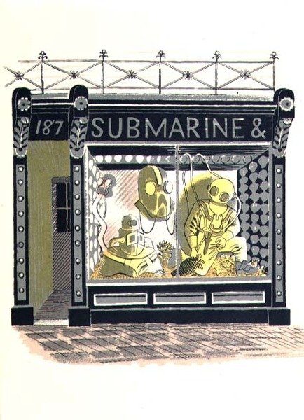 The Marine Suppliers, vytiskl Curwen Press, z High Street, J.M. Richards, vydal Country Life, 1938 (sada 24 kusů) od Eric Ravilious