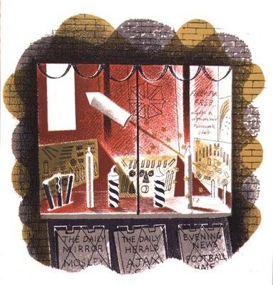 The Newsagent, tištěný Curwen Press, z High Street, J. M. Richards, publikoval Country Life, 1938 (sada 24) od Eric Ravilious