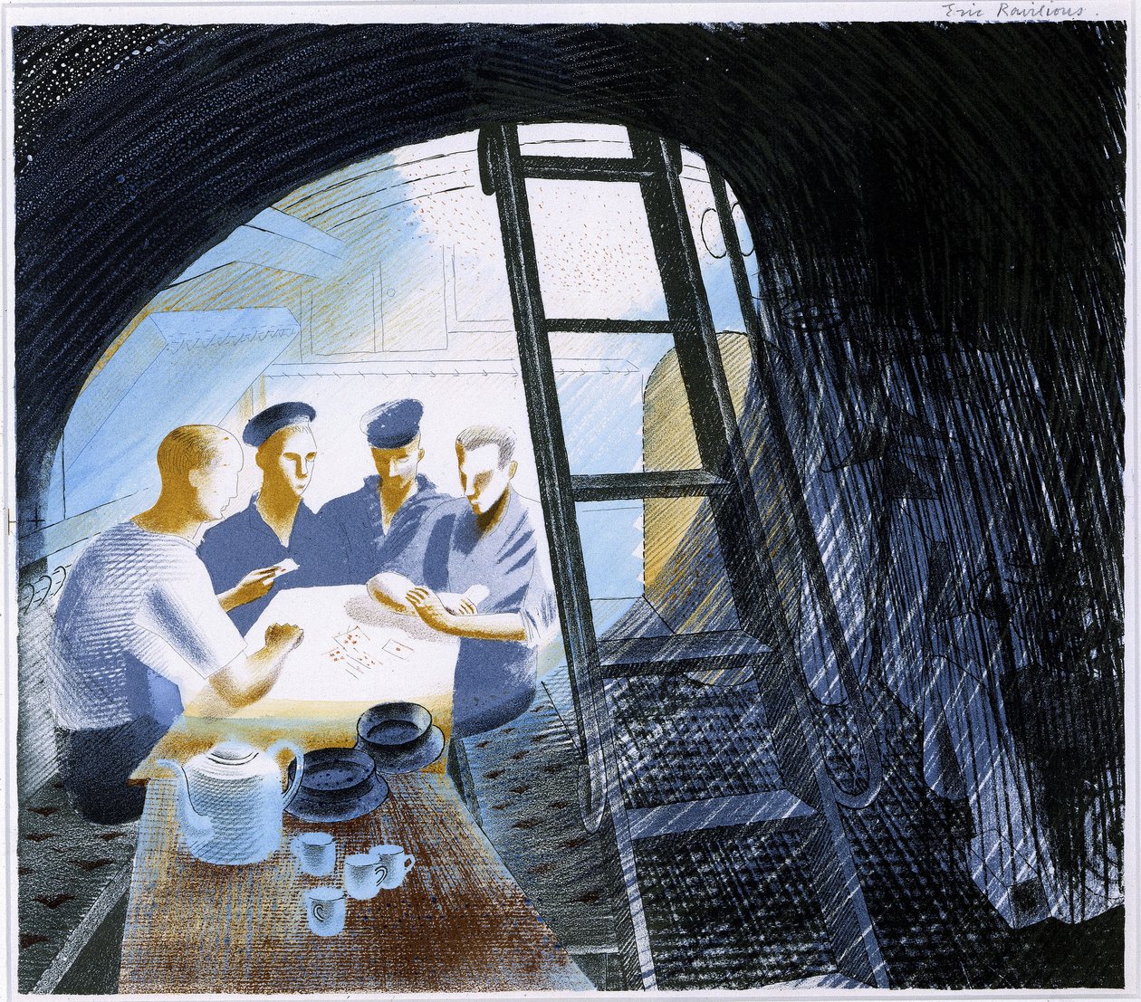 Pohled na důstojnickou jídelnu v ponořené ponorce s kuchyňským náčiním a čtyřmi námořníky hrajícími karty od Eric Ravilious