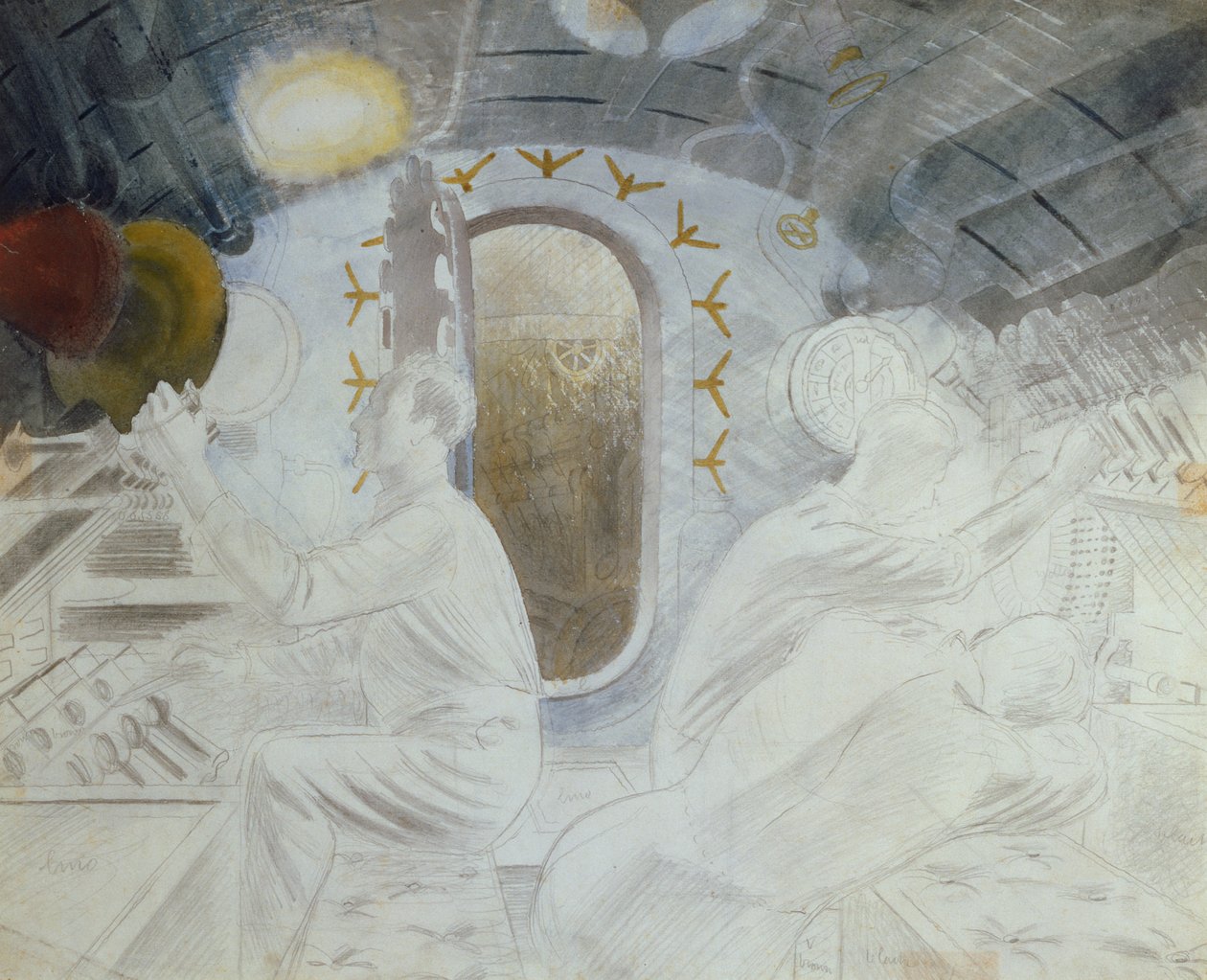 Pracovní ovládací prvky při ponoření, cca 1940 (tužka a wc na papíře) od Eric Ravilious