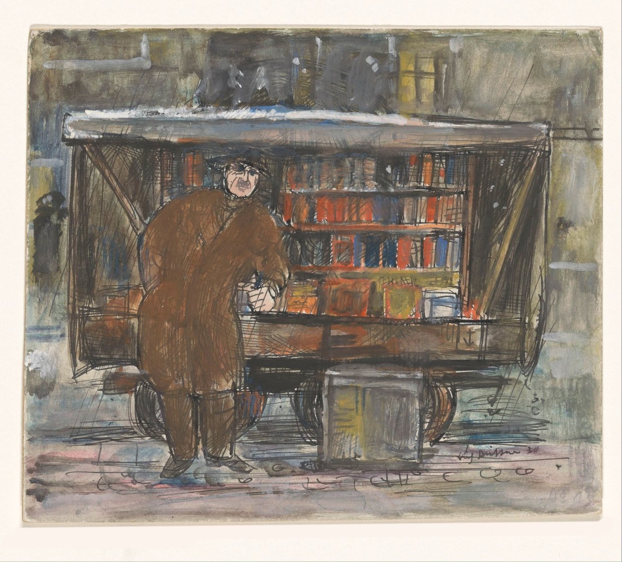Knihkupec před svým knižním vozíkem od Erich Büttner (signed by artist)