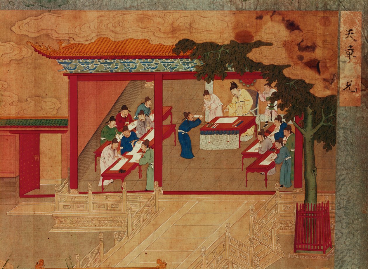 Skupina písařů, kteří opisují Tao te king a předkládají jej císaři. od Erich Lessing