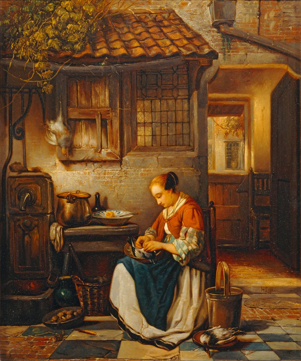 Femme plumant une volaille dans une cour - Žena škube drůbež na dvoře... od Erich Lessing