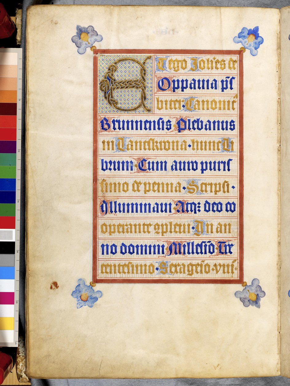 Celá strana: orámovaný text s proloženou iniciálou "E": Kolofon písaře a iluminátora Johanna von Troppau od Erich Lessing