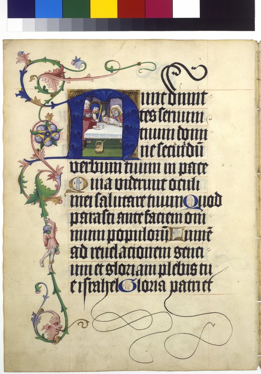 Celá strana: text [Simeonova píseň chval] s historizující iniciálou N zdobenou úponky: Představení Ježíše v chrámu od Erich Lessing