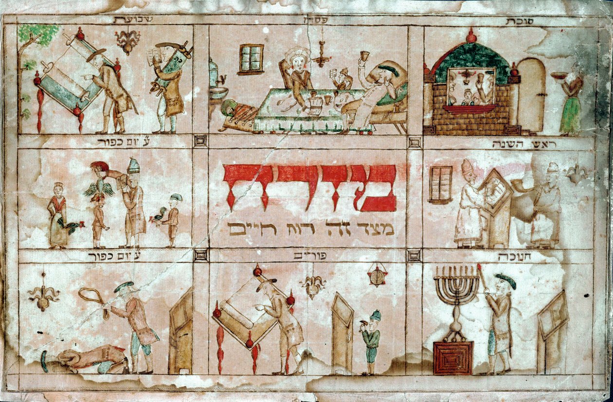 Mizrach, ozdoba zavěšená na stěnách domů, která ukazuje směr modlitby, obrácená na východ k Jeruzalému (akvarel na papíře) od Erich Lessing