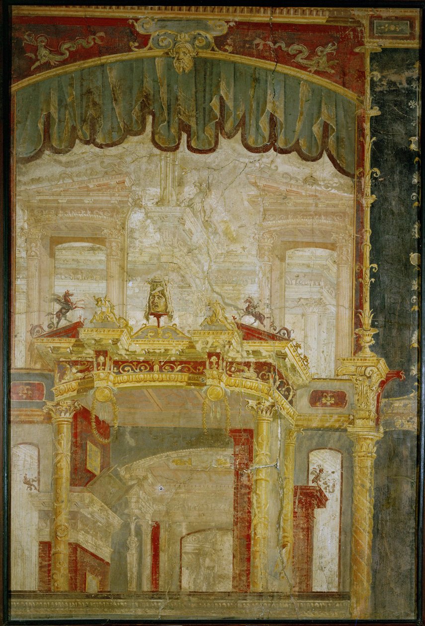 Scénografická výzdoba stěn s fantastickou architekturou a padacím závěsem, římský vynález od Erich Lessing