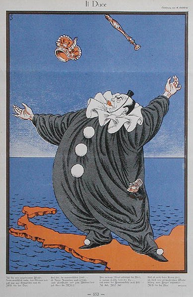 Karikatura Benita Mussoliniho (1883-1945), z časopisu 