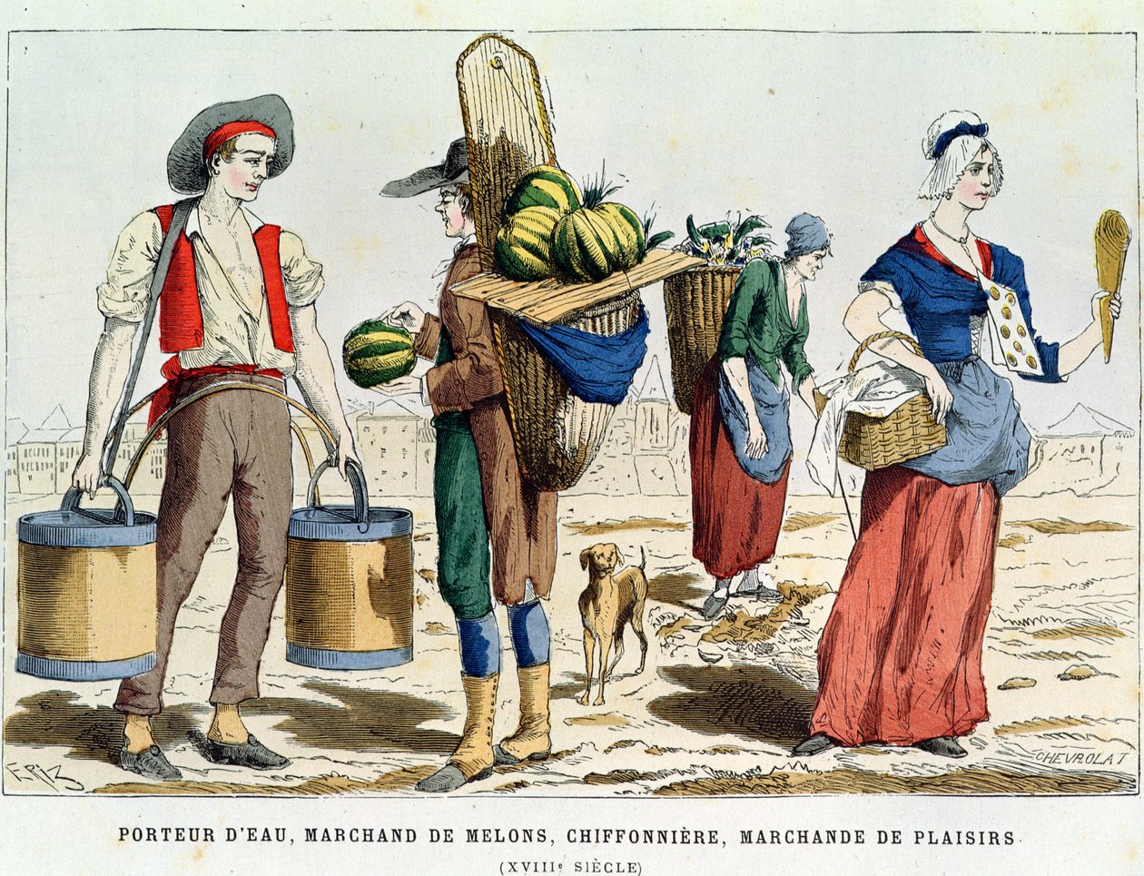 Vodní nosič; Prodavač melounů, prodavačka hadrů a cukrovinek v 18. století, od Costumes de Paris a Travers les Siecles ed. Roy, vydáno 1887 (barevná rytina) od Eriz