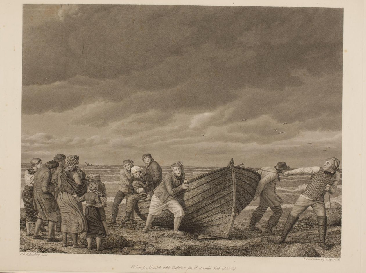 Rybáři z Hornbeku zachraňují kapitána z uvízlé lodi (A.1775) od Erling Eckersberg