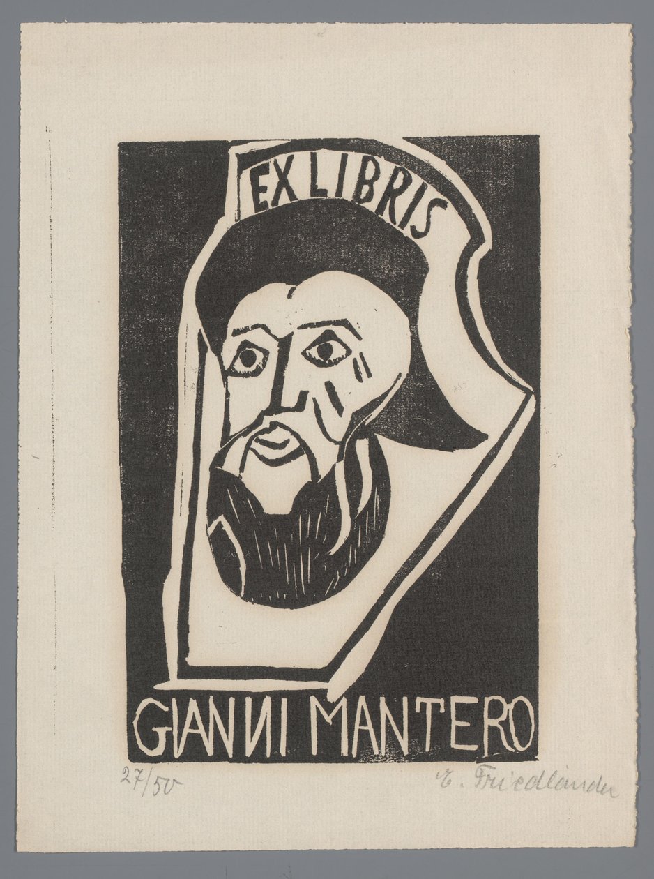 Ex libris van Gianni Mantero od Erna Levy Friedländer (signed by artist)
