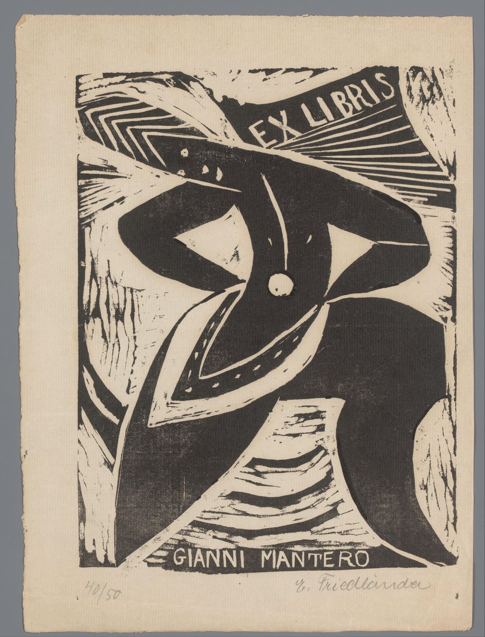 Ex libris van Gianni Mantero od Erna Levy Friedländer (signed by artist)