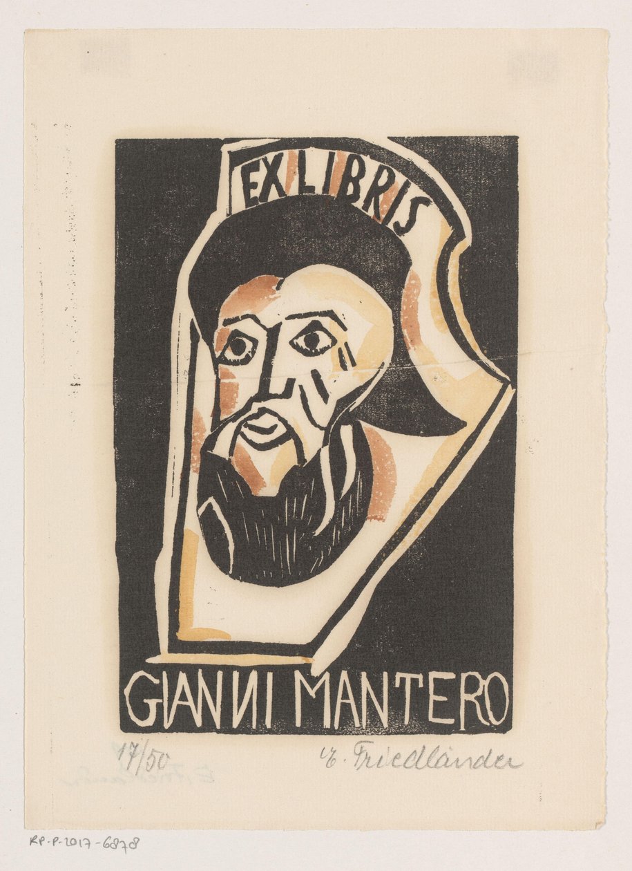 Ex libris van Gianni Mantero od Erna Levy Friedländer (signed by artist)