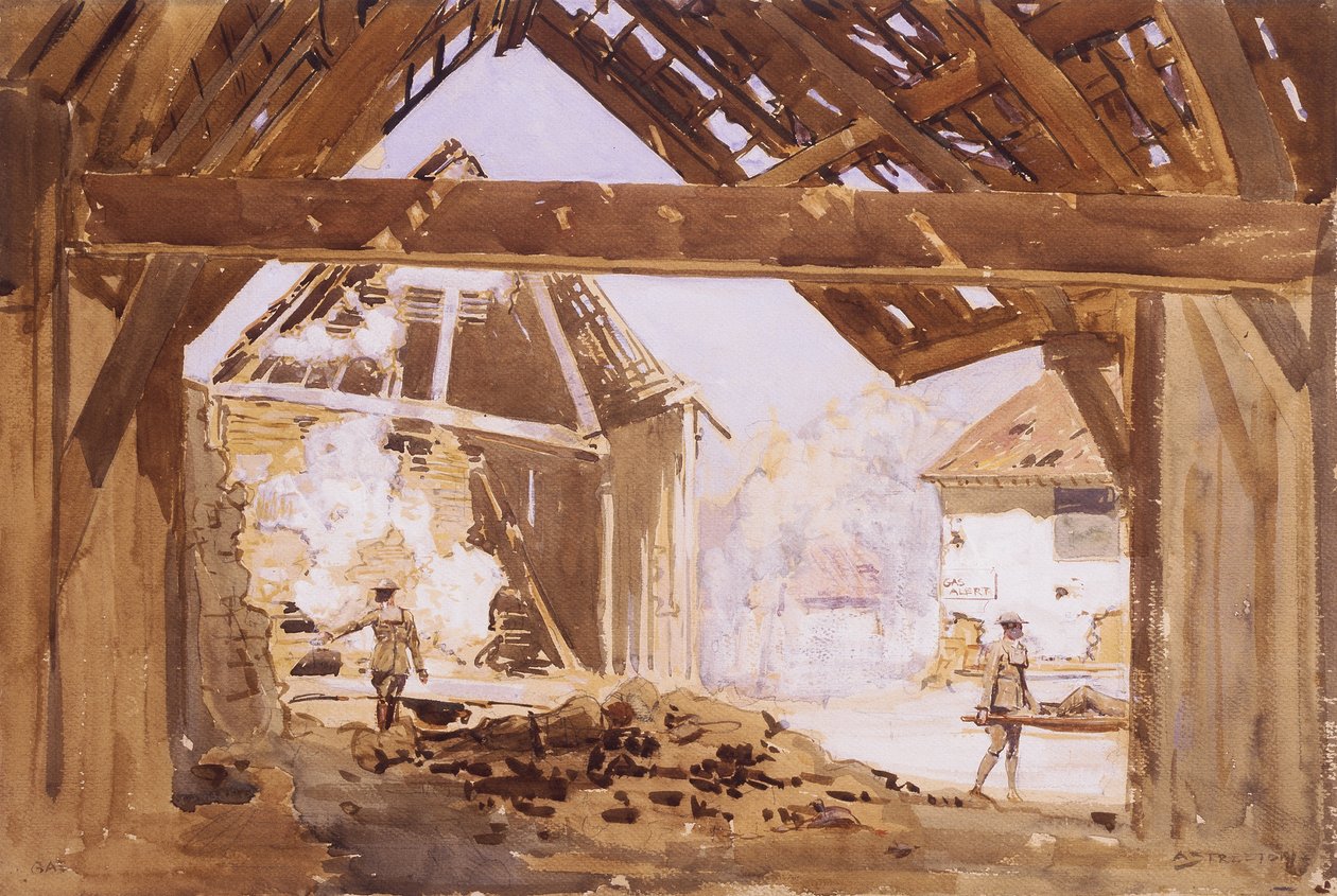 Plynová výstraha, 1919 (wc a kvaš s tužkou na papíře) od Arthur Streeton