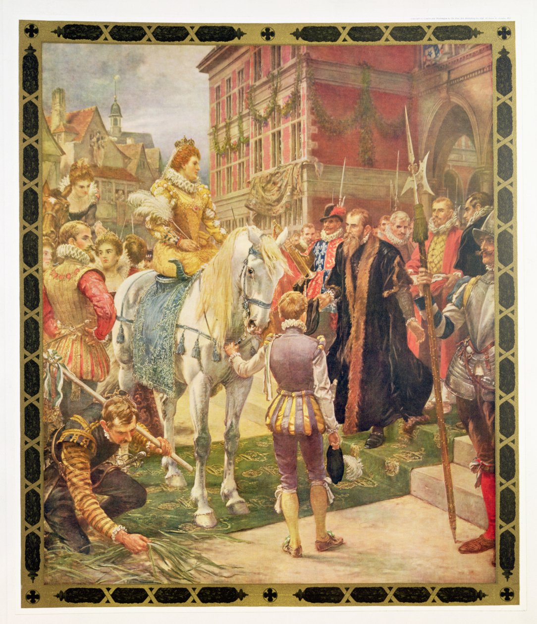 Královna Alžběta I. (1530-1603) otevírá Royal Exchange v roce 1570, ilustrace z Hutchinsonova „Příběhu britského národa“ od Ernest Crofts