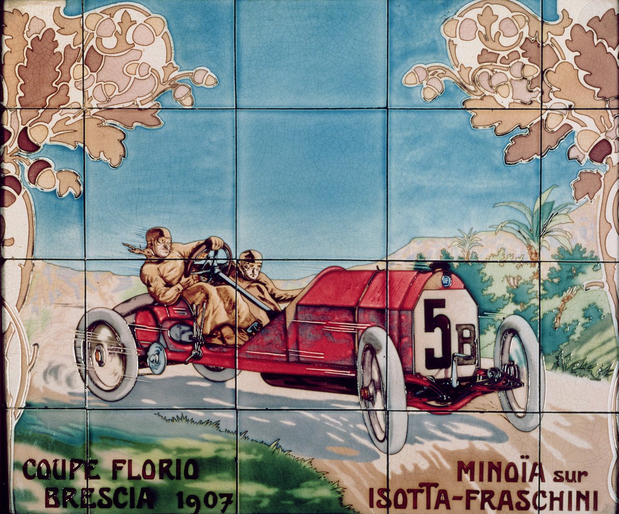 Minoia řídí auto Isotta Fraschini v poháru Florio Brescia v roce 1907: keramické dlaždice vyrobené Gilardoni Fils et Cie z Paříže, podle kresby Ernesta Montauta (1877-1909), 1908-10 od Ernest Montaut
