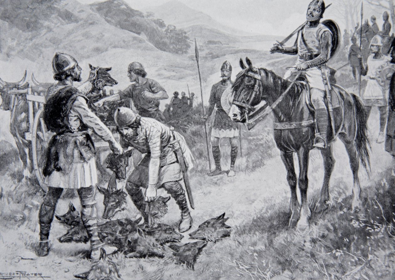 Velšané vzdávající hold vlkům míří k Edgarovi, ilustrace z „Hutchinsonova příběhu britského národa“, kolem roku 1923 od Ernest Prater