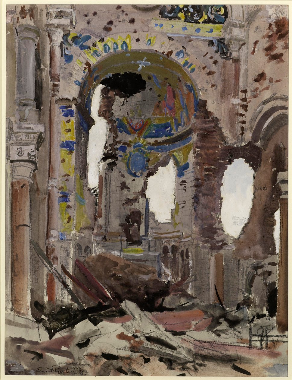 Bombed Out Interior of Albert Church, 1918 (wc na papíře) od Ernest Procter