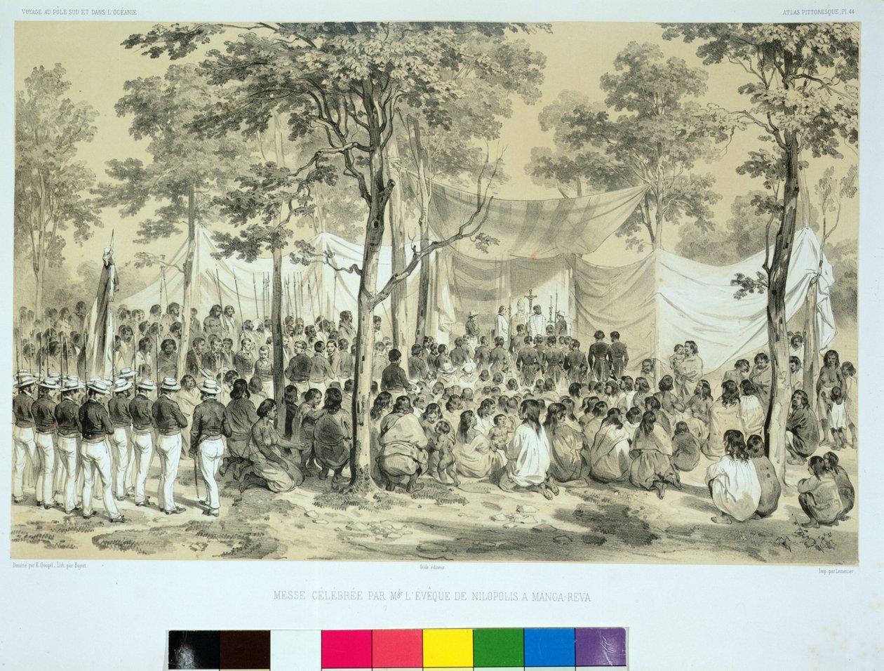 Pohled na slavnou mši konanou biskupem z Nilopolis v Manga-Reva, z „Cesta kolem světa na fregatě Venuši, 1836-39“, vyrytý Bayotem, 1841 od Ernest Auguste Goupil