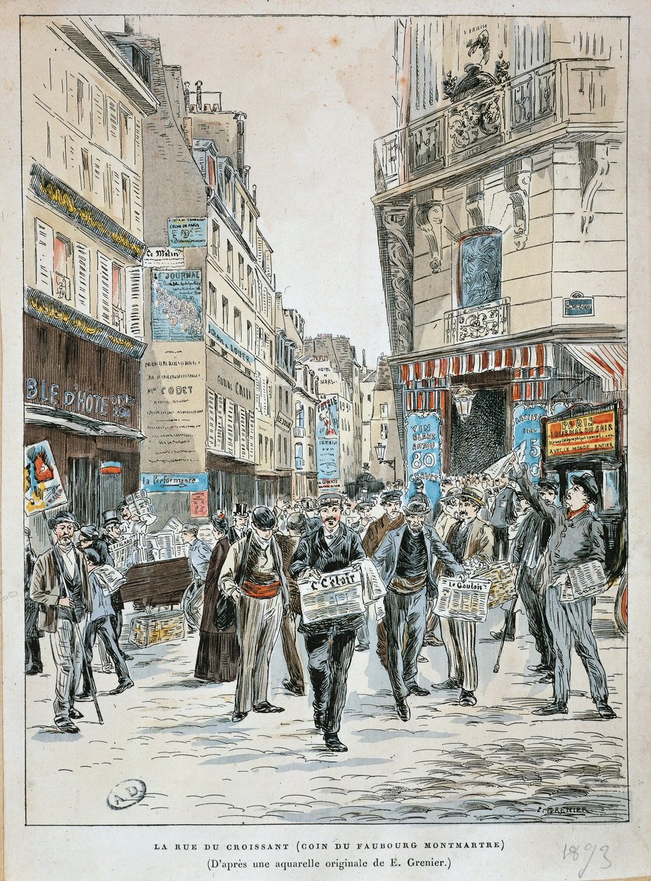 Francie, Paříž, Prodejce novin v rue du Croissant na rohu rue du Faubourg Montmartre v Paříži od Ernesta Greniera, tisk z akvarelu od Ernest (after) Grenier