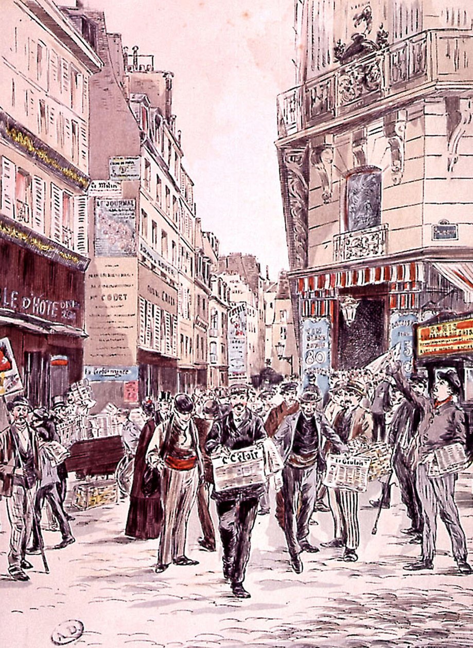 prodejci novin v ulicích Paříže v roce 1893, rytina od Ernest (after) Grenier