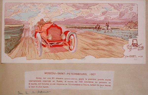 Arthur Duray ve svém Lorraine-Dietrich vyhrál rally Moskva-Petrohrad v roce 1907, kolem roku 1910 (barevné lito) od Ernest (after) Montaut