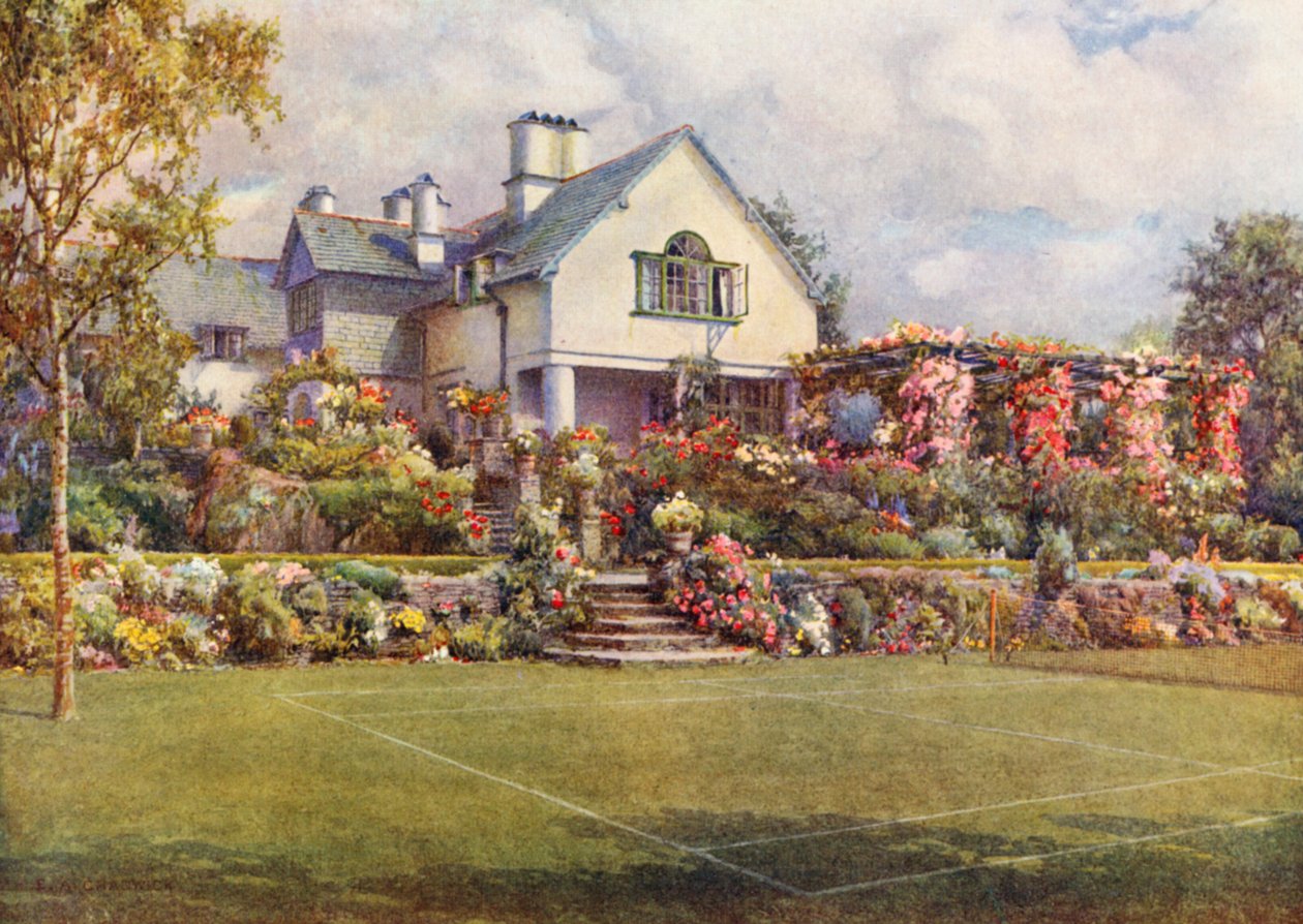 Tenisový kurt v Shrublands, Westmoreland (barevná litografie) od Ernest Albert Chadwick