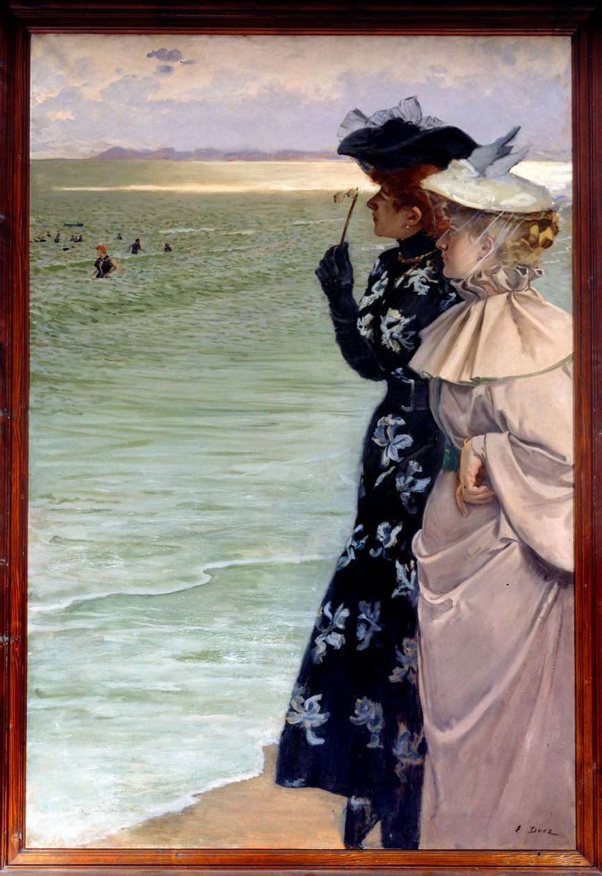 Krásné období: „“Čas koupele u moře“““ Dvě ženy na břehu zkoumají koupající se v dalekohledu. Obraz Ernesta Ange Dueze (1843-1896) 1896 Sun. 1,06x1,6 m Rouen, musee des Beaux Arts - Belle epoque: “” Čas na koupel u moře”” Dvě ženy na b od Ernest Ange Duez