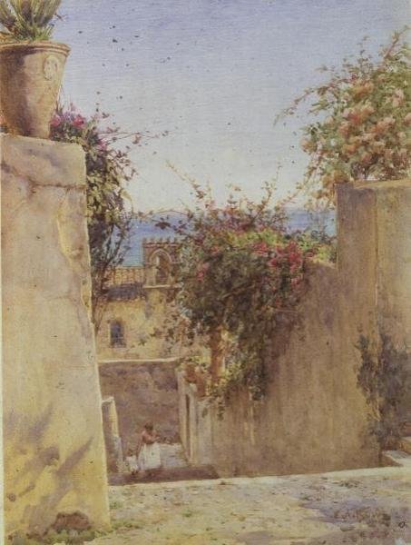 Pouliční scéna Sicílie (akvarel) od Ernest Arthur Rowe