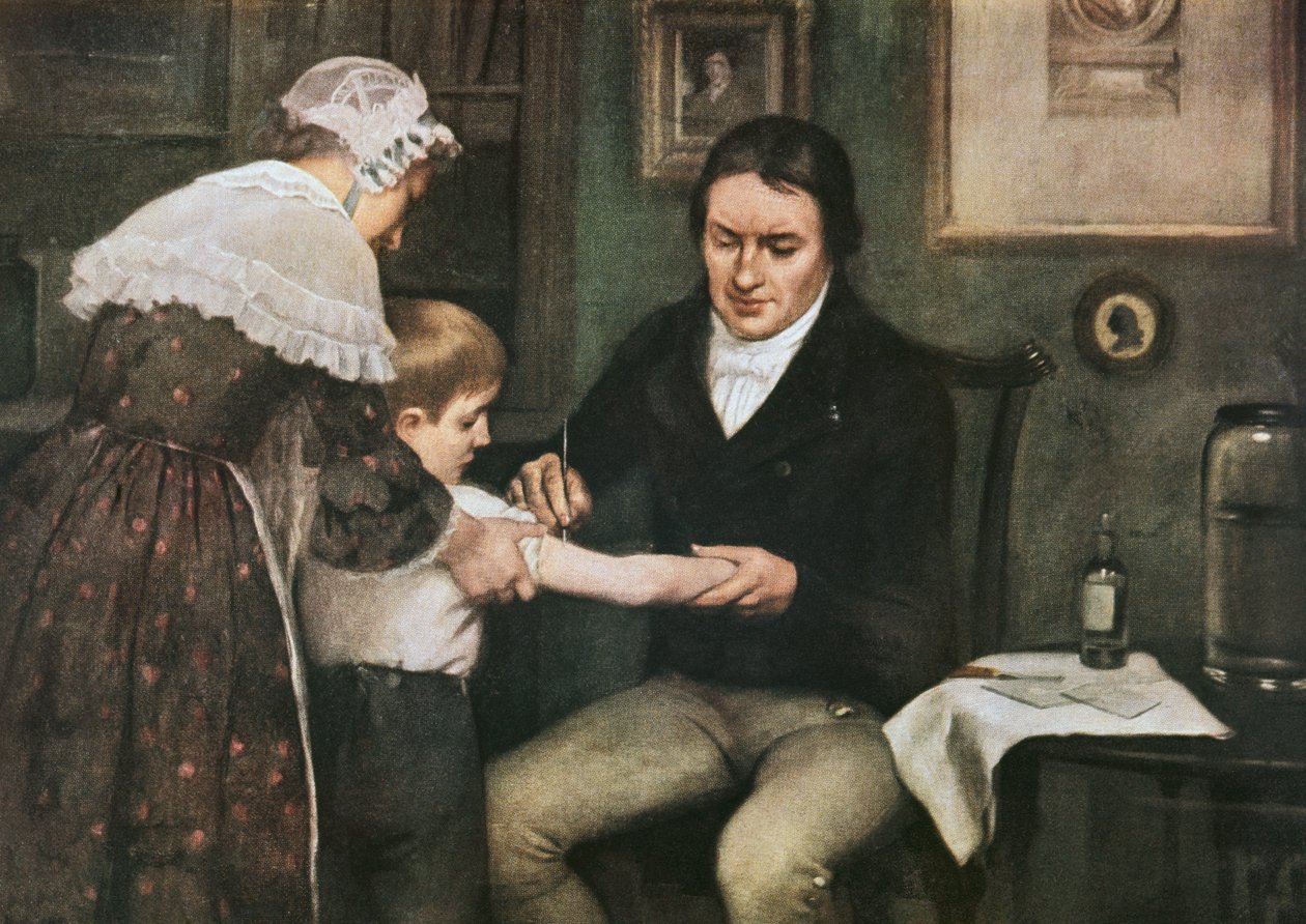 Dr Edward Jenner (1749-1823) provádí své první očkování proti pravým neštovicím na Jamesi Phippsovi, osmiletém chlapci, 14. od Ernest Board