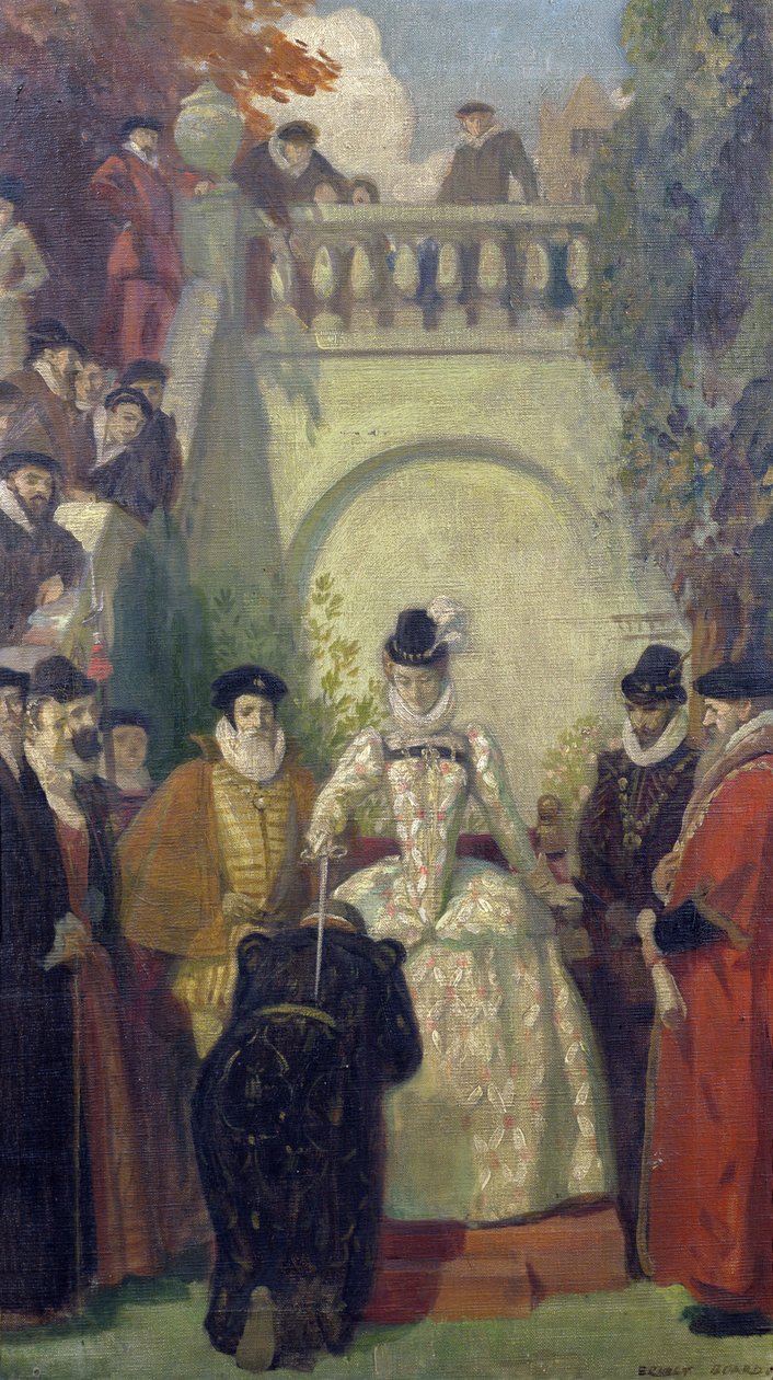Královna Alžběta I. pasující na rytíře sira Johna Younga na schodech jeho pozemku, The Great House, Bristol, 1910-20 od Ernest Board